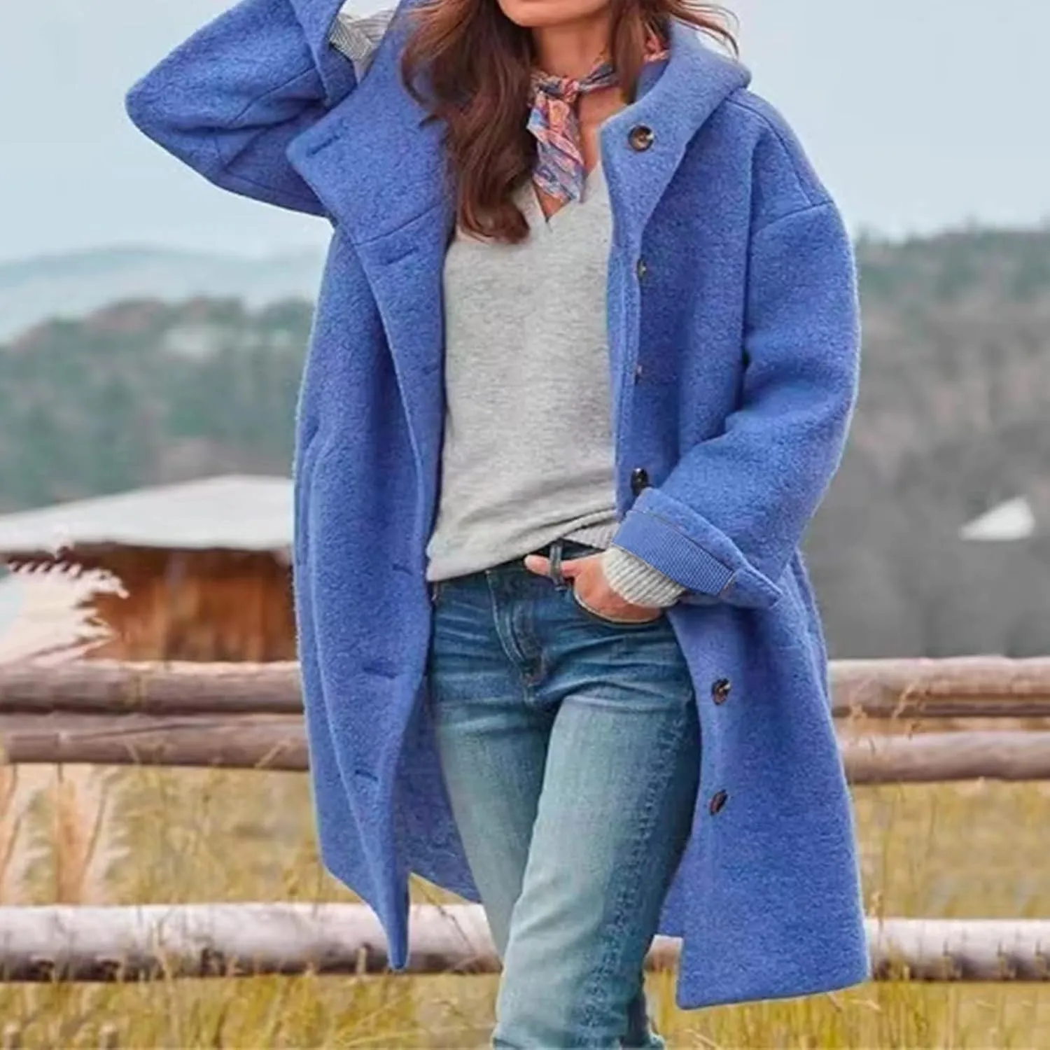 Women's Winter Wool Coat Casual Long Hooded Jacket Warm Fleece Single-Breasted Peacoat Fashion Mid Long Trench Coat