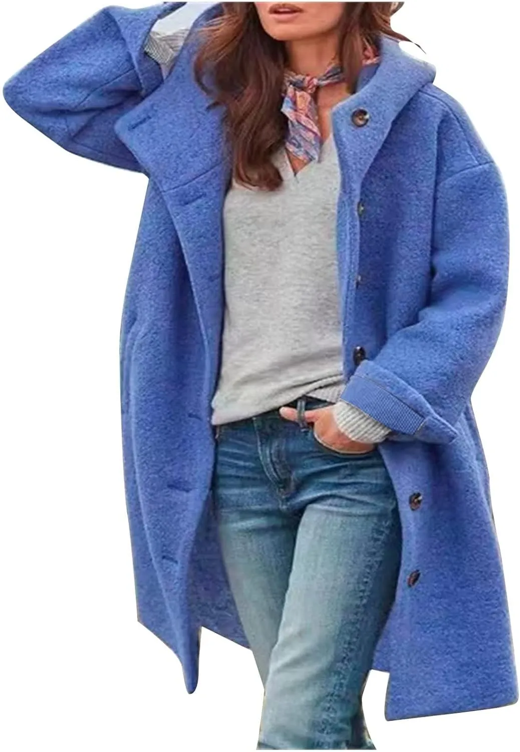 Women's Winter Wool Coat Casual Long Hooded Jacket Warm Fleece Single-Breasted Peacoat Fashion Mid Long Trench Coat