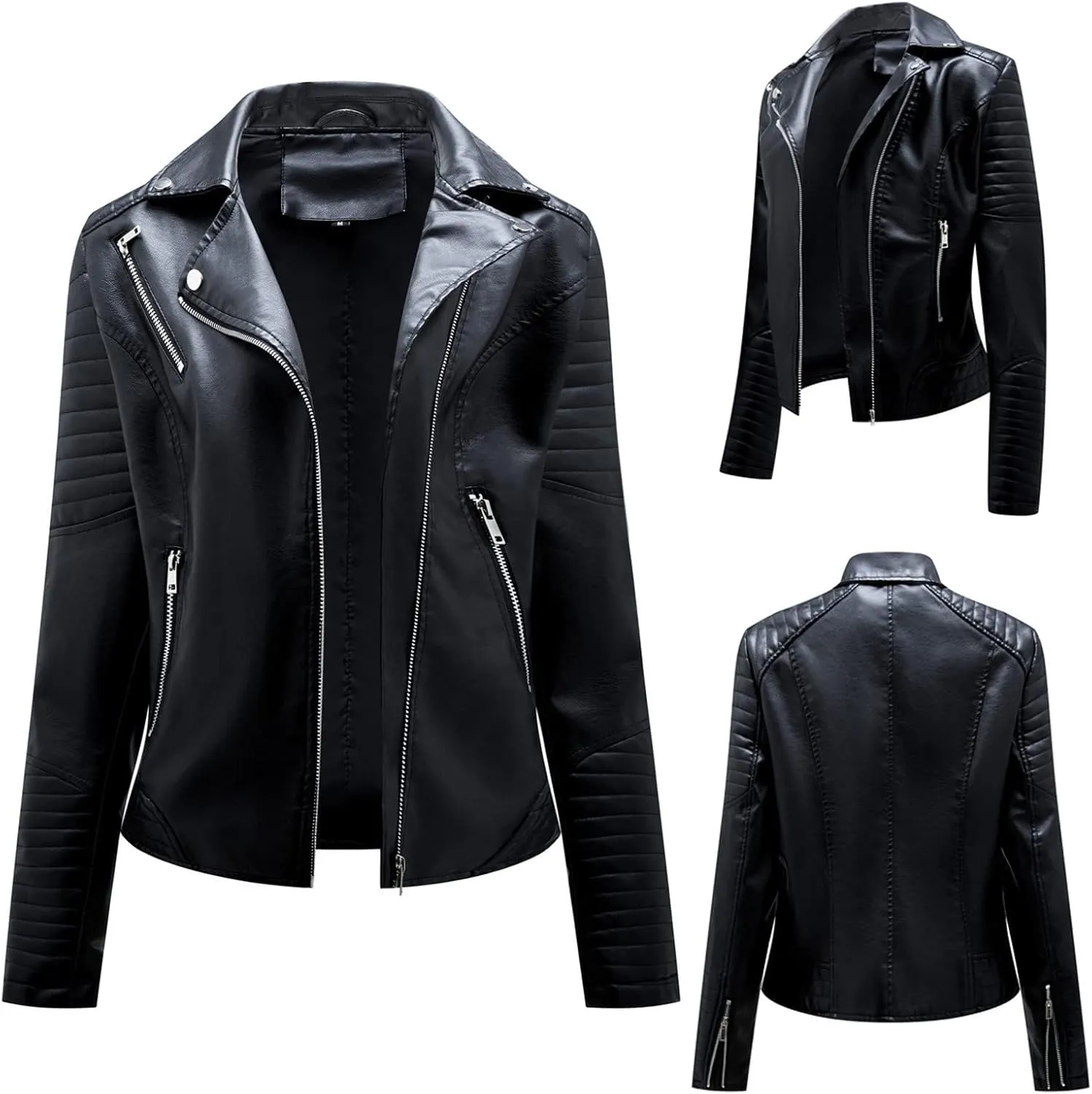 Womens Zip Up Long Sleeve Leather Jacket Motorcycle Leather Jacket PU Leather Jacket Fashion Women Moto Biker Jacket