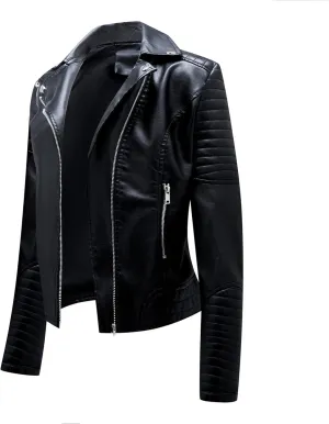 Womens Zip Up Long Sleeve Leather Jacket Motorcycle Leather Jacket PU Leather Jacket Fashion Women Moto Biker Jacket