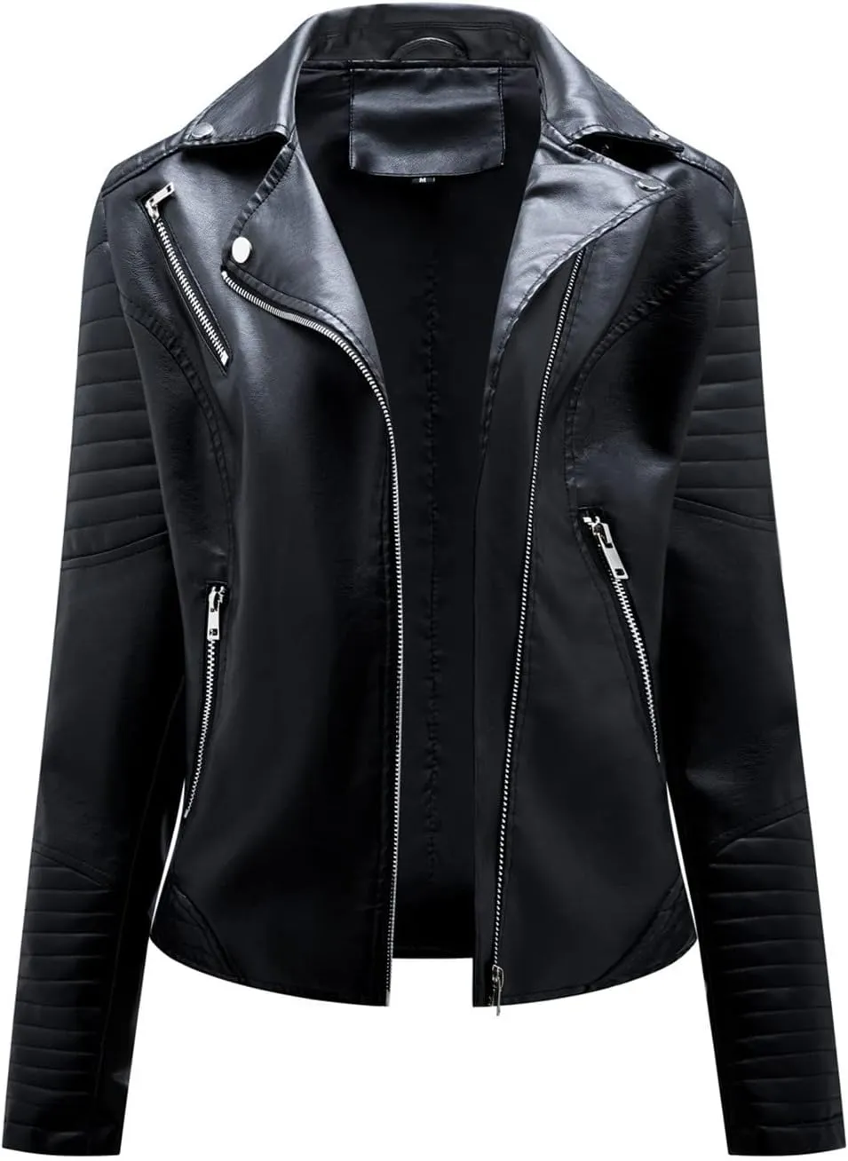 Womens Zip Up Long Sleeve Leather Jacket Motorcycle Leather Jacket PU Leather Jacket Fashion Women Moto Biker Jacket