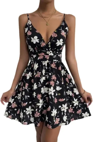 Wuitrie Women's Summer Floral Dress Spaghetti Strap V Neck Sleeveless Ruffle Casual Beach Boho A Line Short Mini Dress