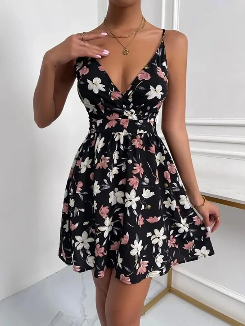 Wuitrie Women's Summer Floral Dress Spaghetti Strap V Neck Sleeveless Ruffle Casual Beach Boho A Line Short Mini Dress