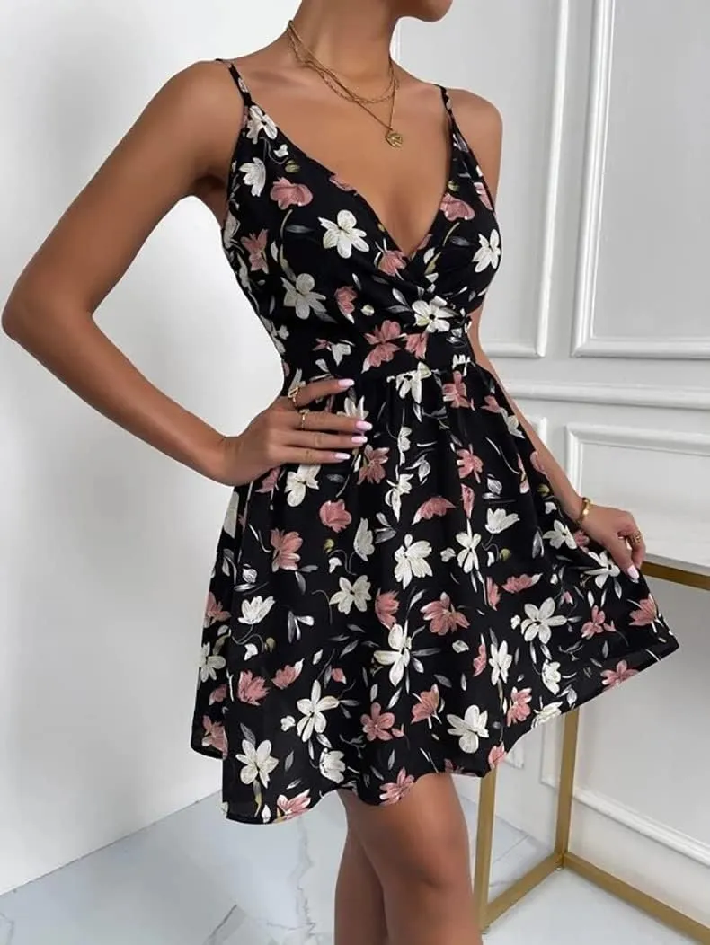 Wuitrie Women's Summer Floral Dress Spaghetti Strap V Neck Sleeveless Ruffle Casual Beach Boho A Line Short Mini Dress