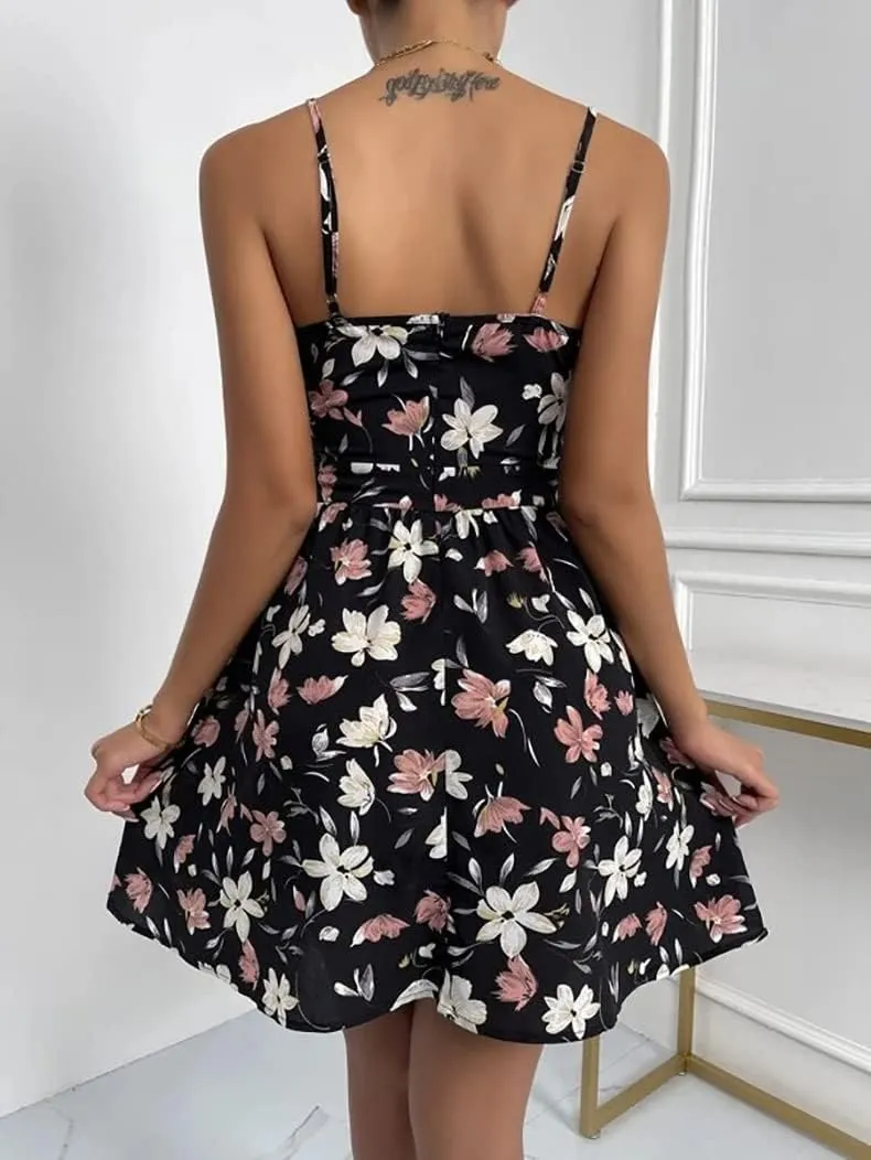 Wuitrie Women's Summer Floral Dress Spaghetti Strap V Neck Sleeveless Ruffle Casual Beach Boho A Line Short Mini Dress