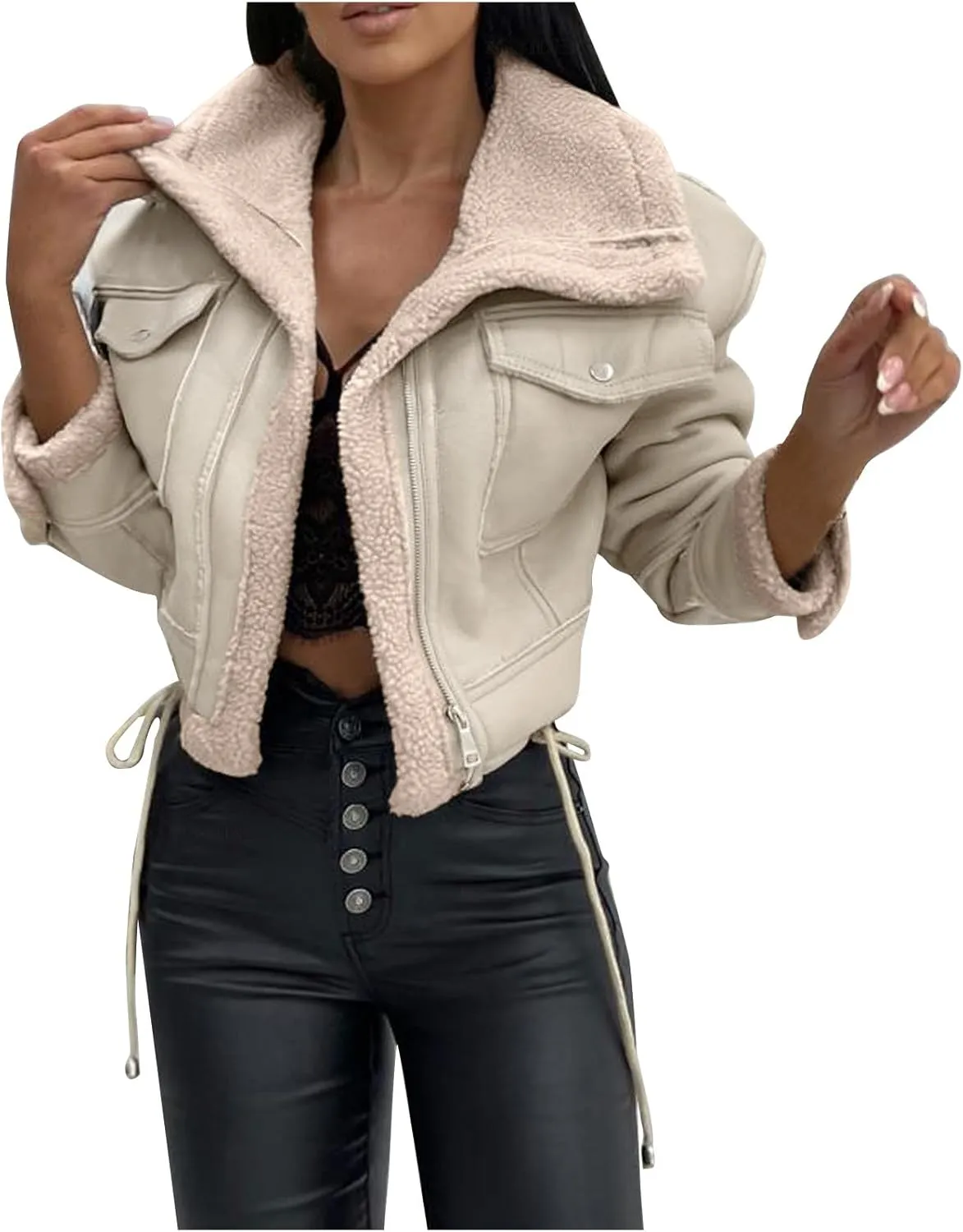 XUNRYAN Womens Faux-Leather Jackets Winter Sherpa Fleece Coat 2023 Fashion Cropped Zip Up Motorcycle Jacket Short Outerwear