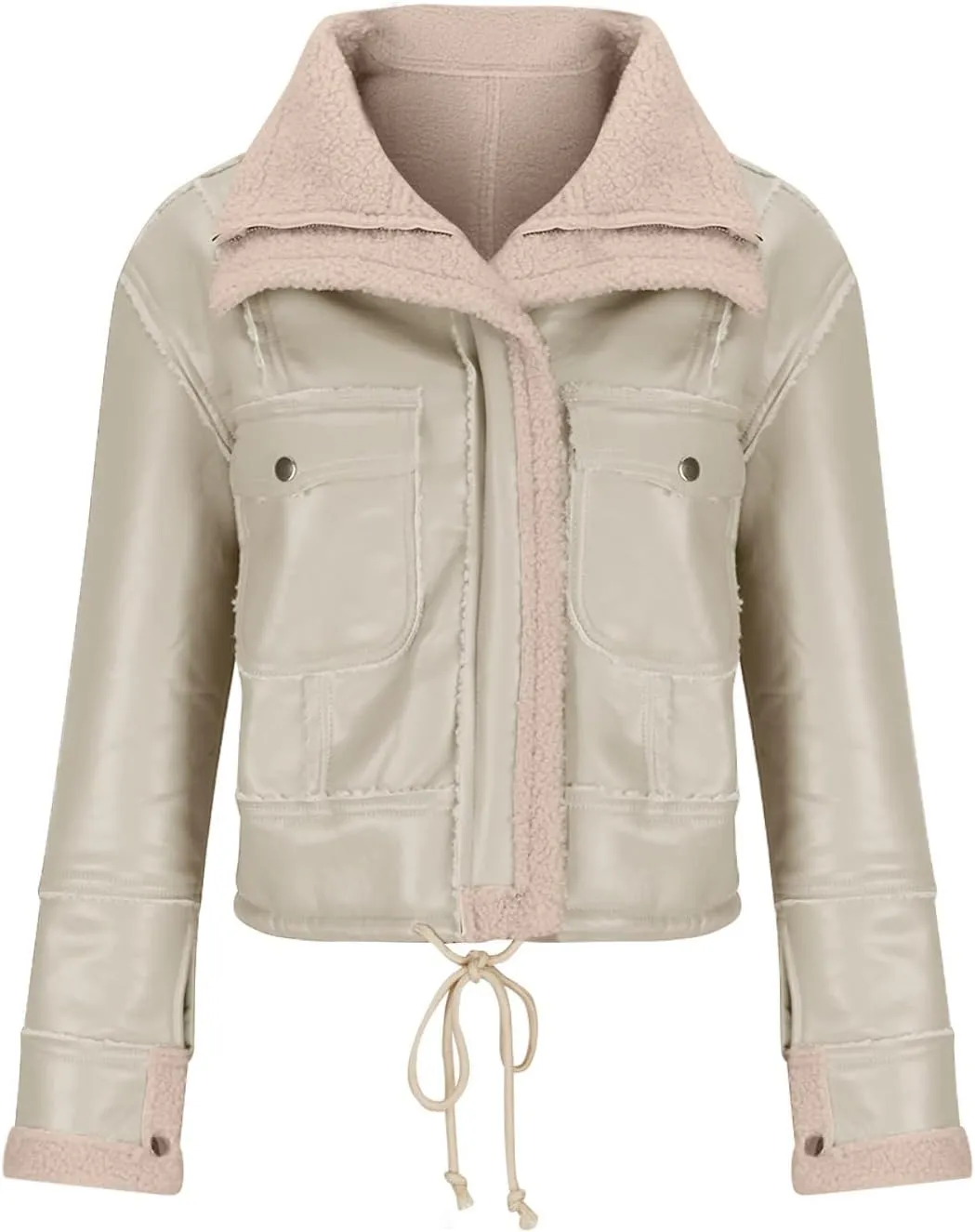 XUNRYAN Womens Faux-Leather Jackets Winter Sherpa Fleece Coat 2023 Fashion Cropped Zip Up Motorcycle Jacket Short Outerwear