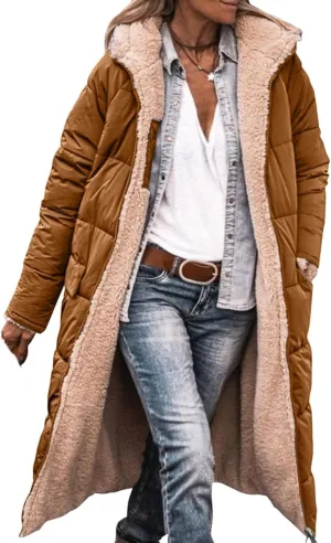 XUNRYAN Womens Winter Warm Down Coats Sherpa Fleece Puffer Jackets Quilted Lightweight Faux-Fur Coat Anorak Parka Outwear