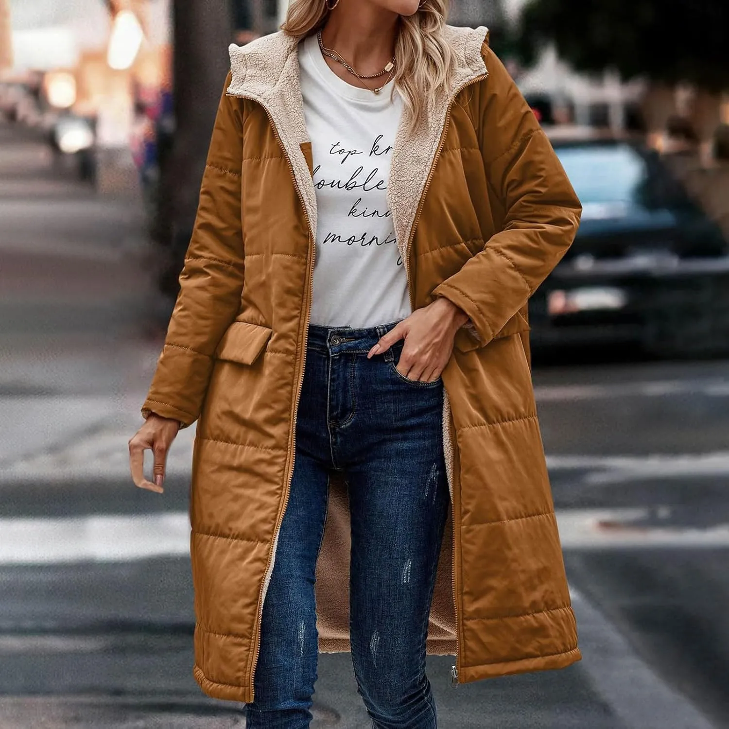 XUNRYAN Womens Winter Warm Down Coats Sherpa Fleece Puffer Jackets Quilted Lightweight Faux-Fur Coat Anorak Parka Outwear