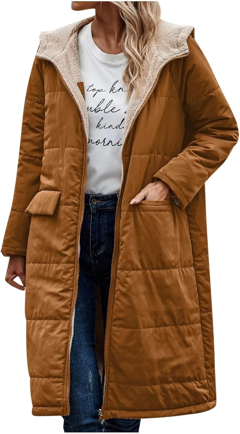 XUNRYAN Womens Winter Warm Down Coats Sherpa Fleece Puffer Jackets Quilted Lightweight Faux-Fur Coat Anorak Parka Outwear