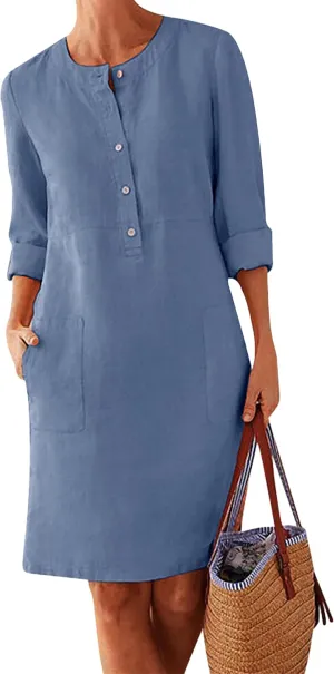 YMING Womens Roll Up Sleeve Linen Swing Dress Casual Crew Neck Sundress Oversized Buton Down Dresses with Pockets