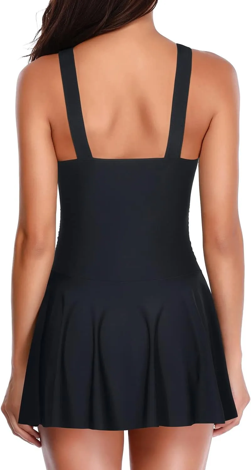 Yonique One Piece Swimsuits for Women Modest Tummy Control Swimdress Vintage Bathing Suits Skirt Swimwear