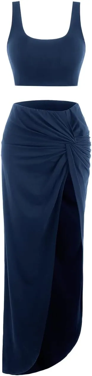 ZAFUL Women's Casual Sleeveless Summer Solid Marled Crop Top and Draped Ruched Maxi Skirt Set Two Piece Dress