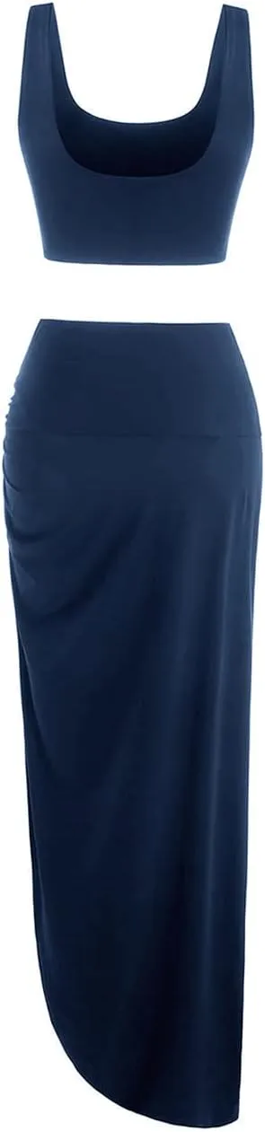 ZAFUL Women's Casual Sleeveless Summer Solid Marled Crop Top and Draped Ruched Maxi Skirt Set Two Piece Dress