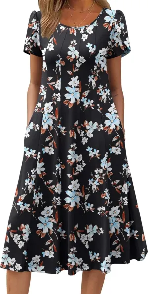Zeagoo Womens Casual Dresses for Summer Short Sleeve Flare Midi Dress Loose Flowy Beach Sundress