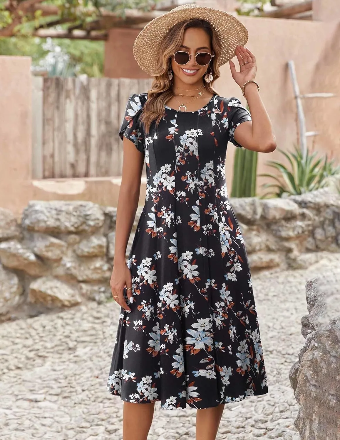 Zeagoo Womens Casual Dresses for Summer Short Sleeve Flare Midi Dress Loose Flowy Beach Sundress