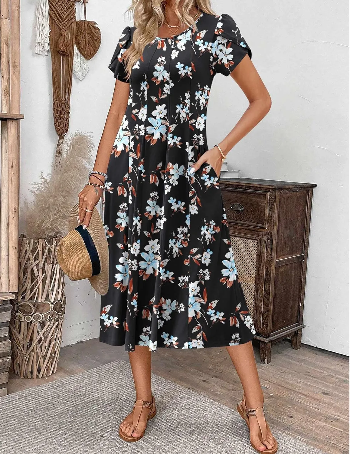Zeagoo Womens Casual Dresses for Summer Short Sleeve Flare Midi Dress Loose Flowy Beach Sundress