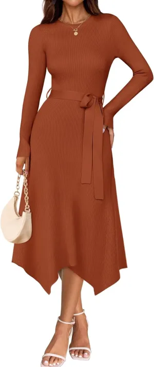 ZESICA Women's 2025 Spring Long Sleeve Crewneck Ribbed Knit High Waist Midi Sweater Dresses with Belt