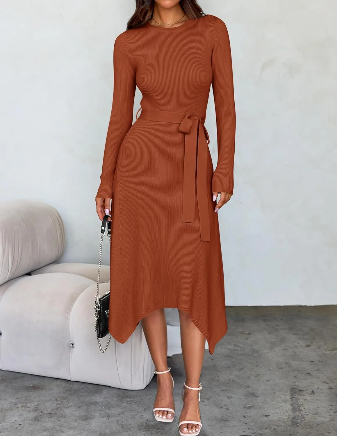 ZESICA Women's 2025 Spring Long Sleeve Crewneck Ribbed Knit High Waist Midi Sweater Dresses with Belt