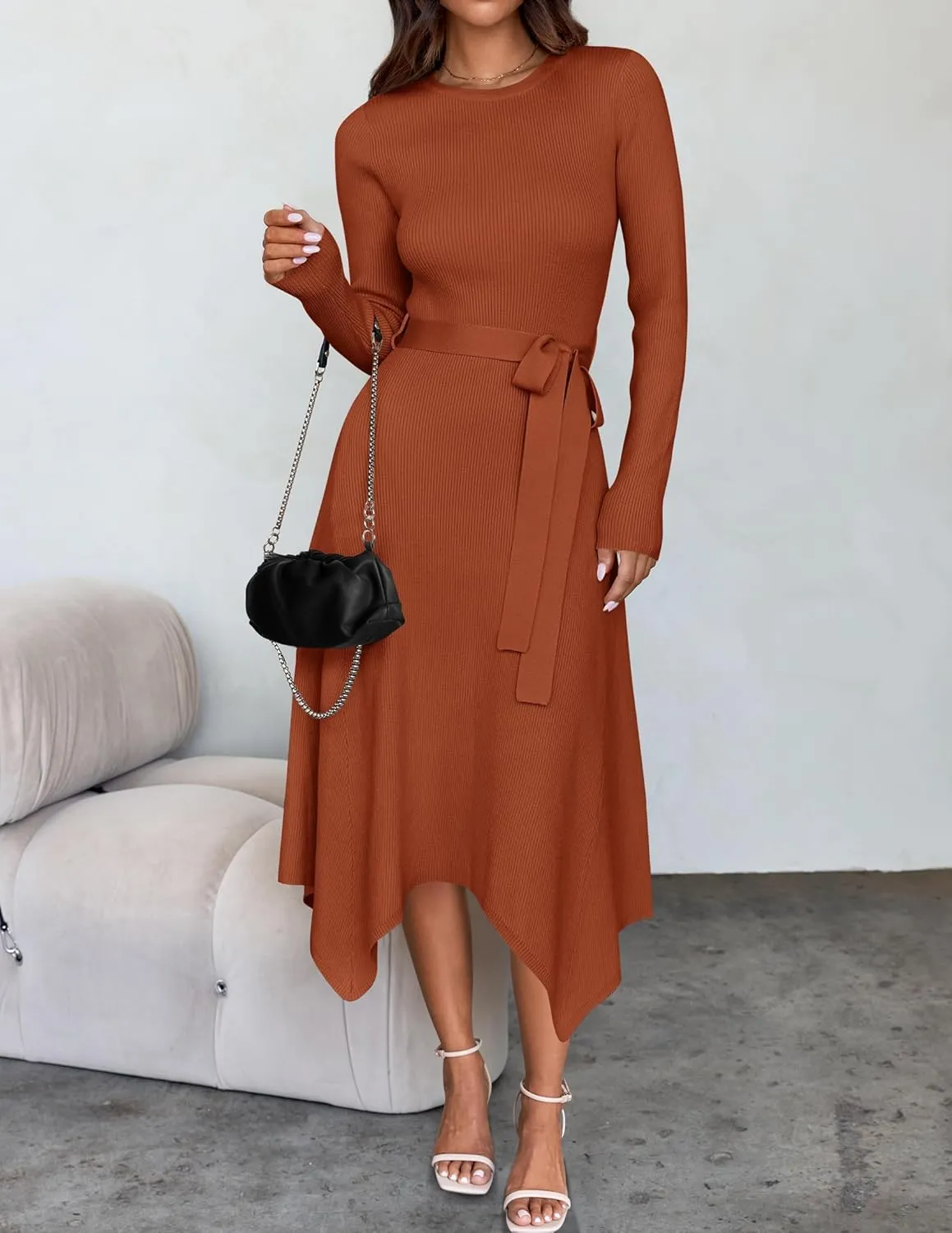 ZESICA Women's 2025 Spring Long Sleeve Crewneck Ribbed Knit High Waist Midi Sweater Dresses with Belt