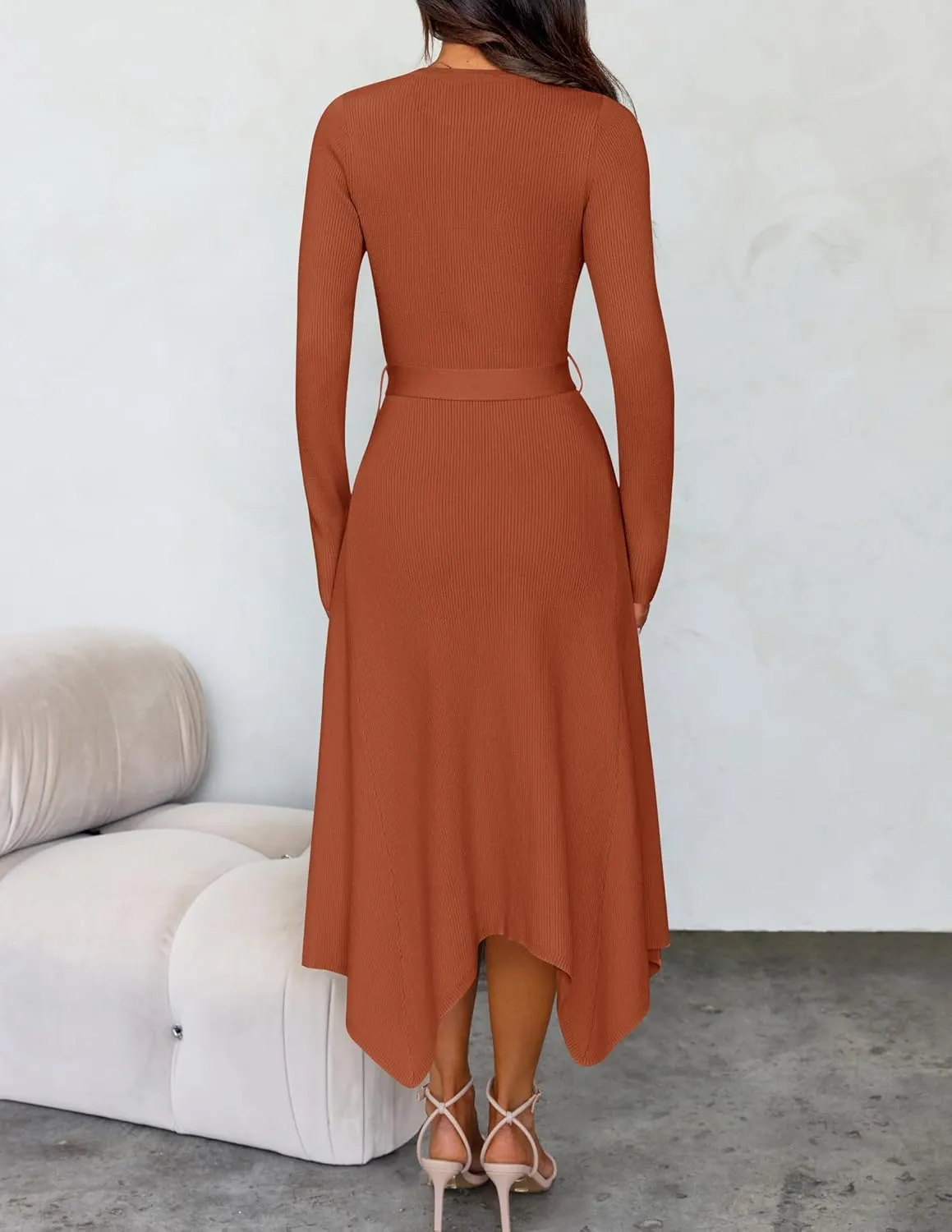 ZESICA Women's 2025 Spring Long Sleeve Crewneck Ribbed Knit High Waist Midi Sweater Dresses with Belt