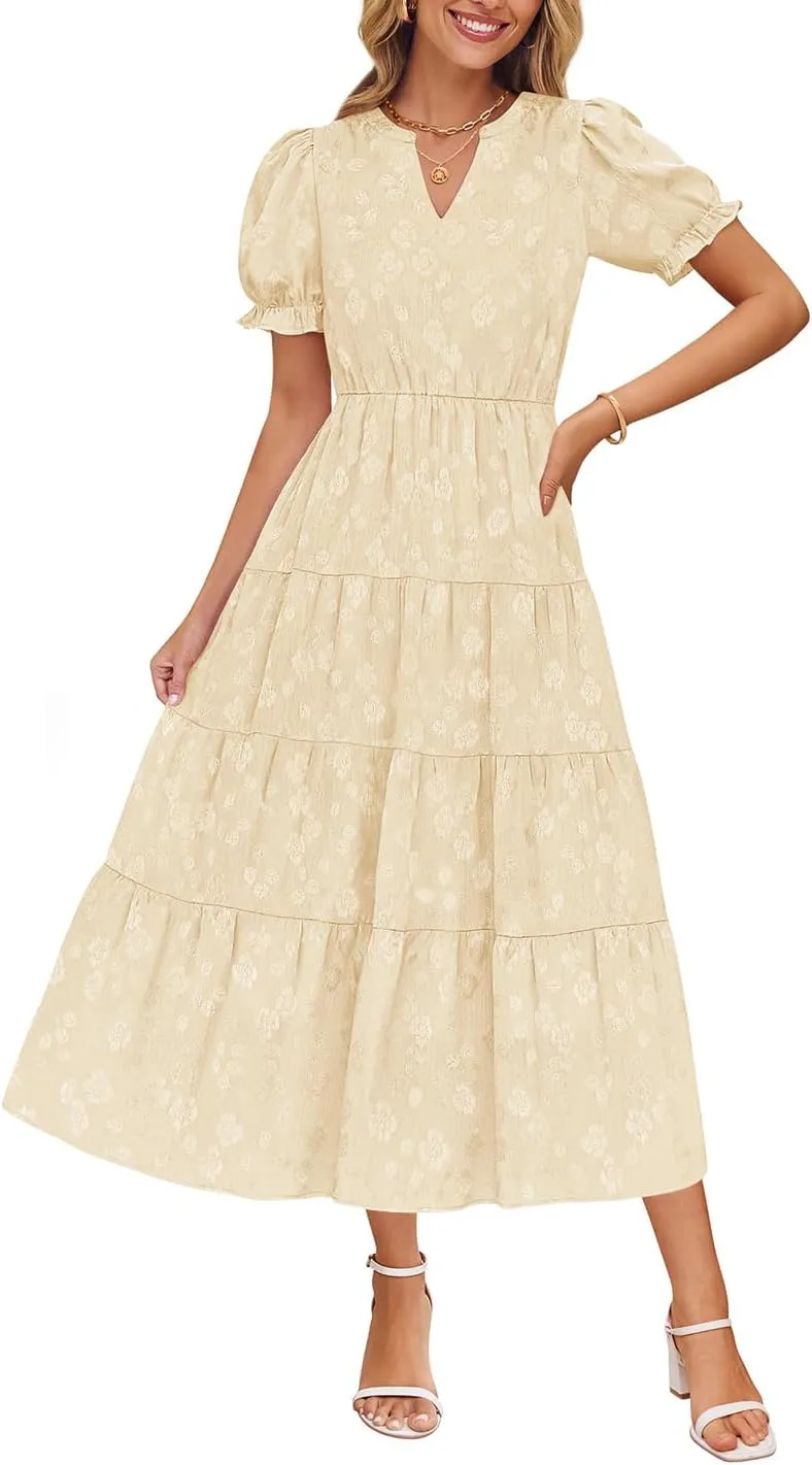ZESICA Womens 2025 Summer Puff Short Sleeve Midi Dress Floral V Neck Textured Ruffle Flowy Beach Party Dresses