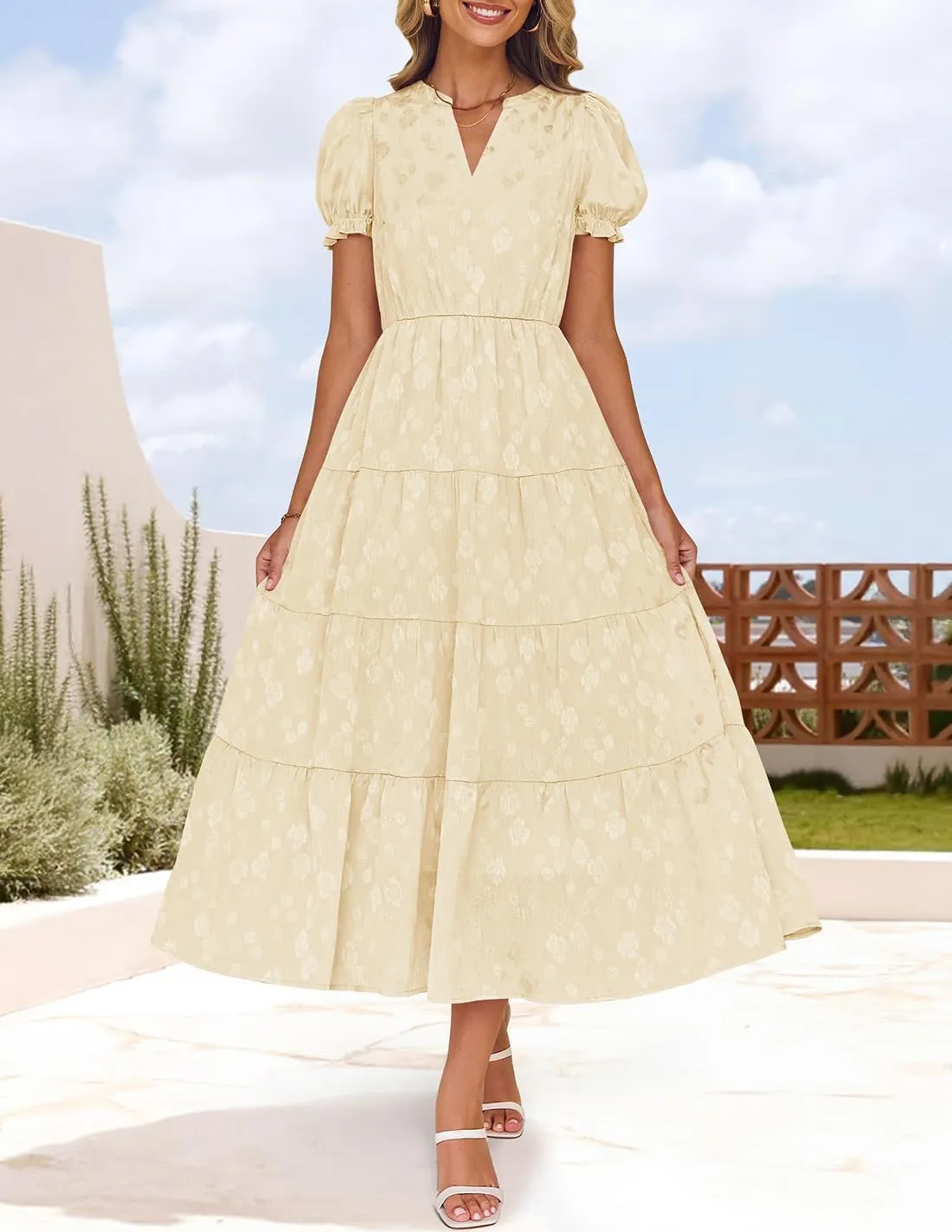 ZESICA Womens 2025 Summer Puff Short Sleeve Midi Dress Floral V Neck Textured Ruffle Flowy Beach Party Dresses