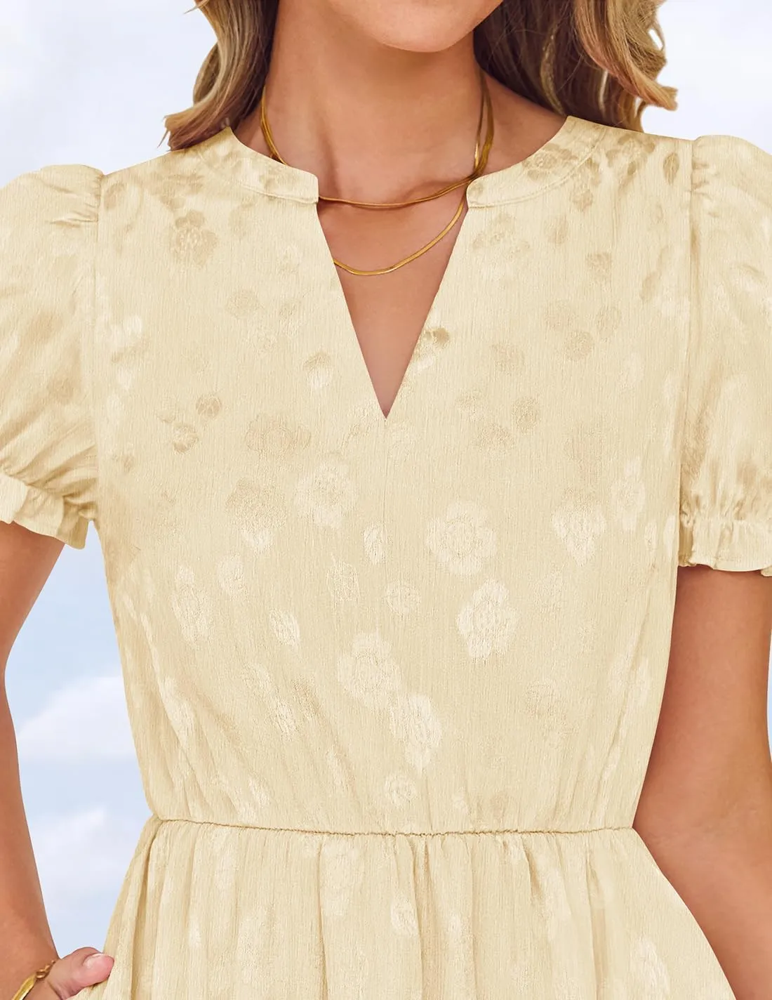 ZESICA Womens 2025 Summer Puff Short Sleeve Midi Dress Floral V Neck Textured Ruffle Flowy Beach Party Dresses
