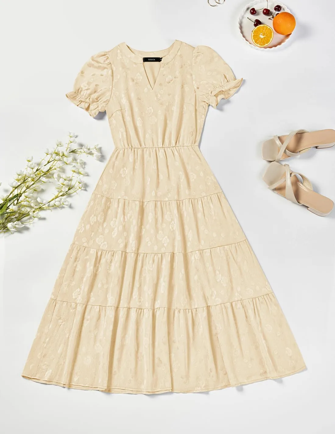 ZESICA Womens 2025 Summer Puff Short Sleeve Midi Dress Floral V Neck Textured Ruffle Flowy Beach Party Dresses