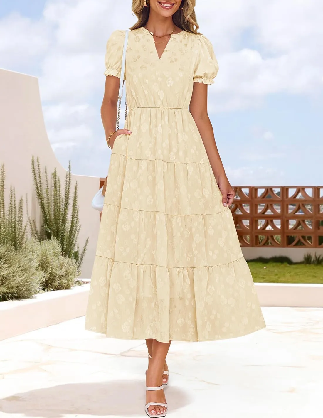 ZESICA Womens 2025 Summer Puff Short Sleeve Midi Dress Floral V Neck Textured Ruffle Flowy Beach Party Dresses