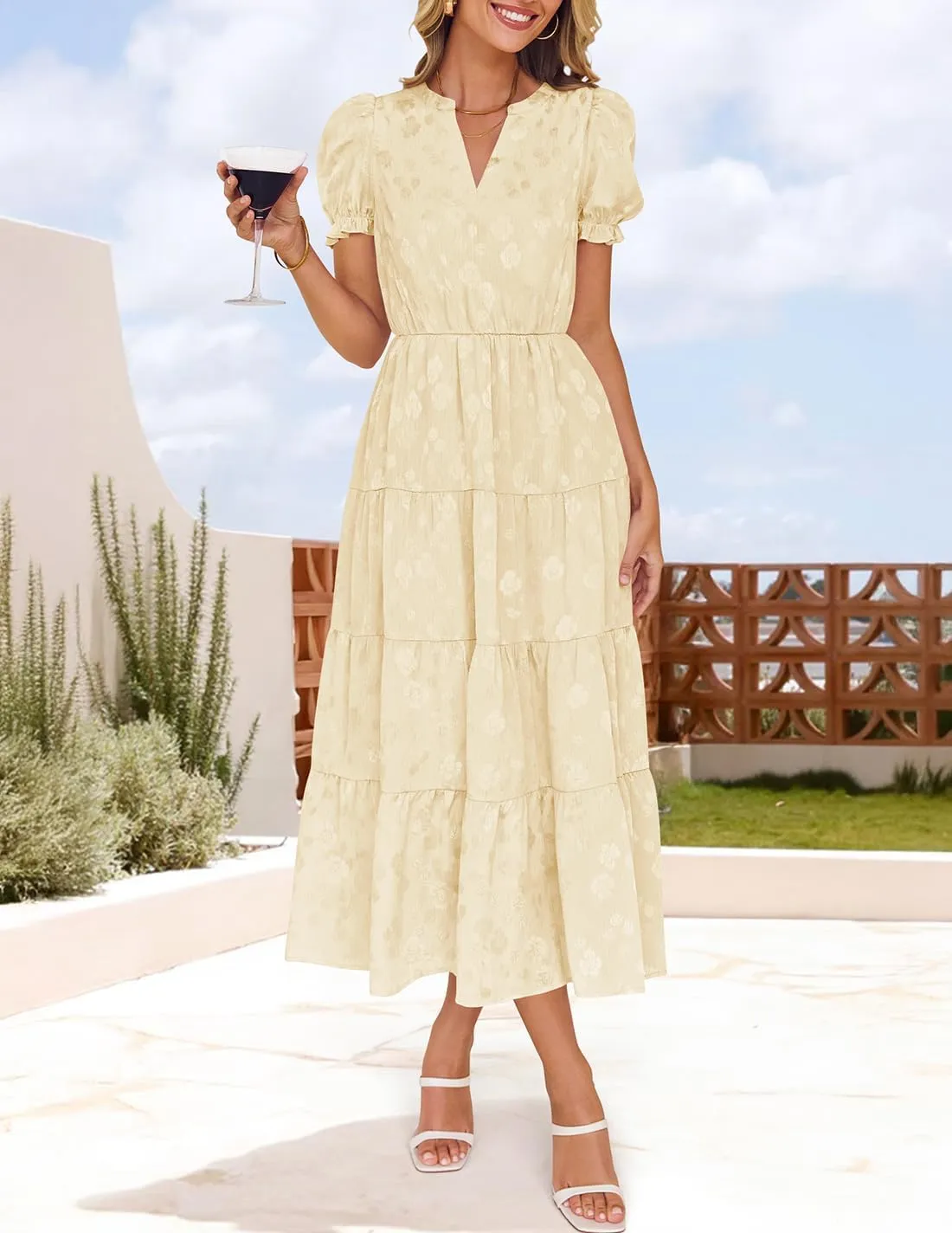 ZESICA Womens 2025 Summer Puff Short Sleeve Midi Dress Floral V Neck Textured Ruffle Flowy Beach Party Dresses