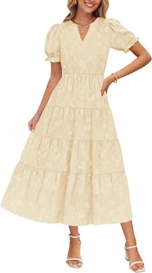 ZESICA Womens 2025 Summer Puff Short Sleeve Midi Dress Floral V Neck Textured Ruffle Flowy Beach Party Dresses