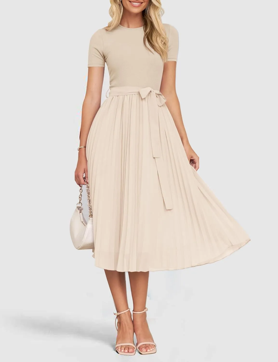 ZESICA Womens 2025 Summer Short Sleeve Midi Dresses Casual Crew Neck Knit Belted Pleated A Line Flowy Wedding Guest Dress