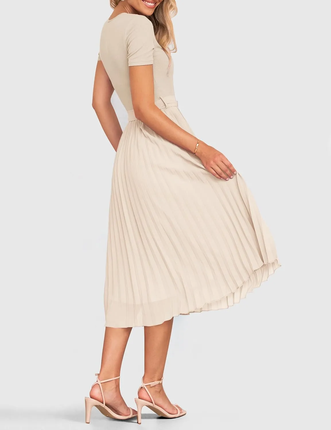 ZESICA Womens 2025 Summer Short Sleeve Midi Dresses Casual Crew Neck Knit Belted Pleated A Line Flowy Wedding Guest Dress