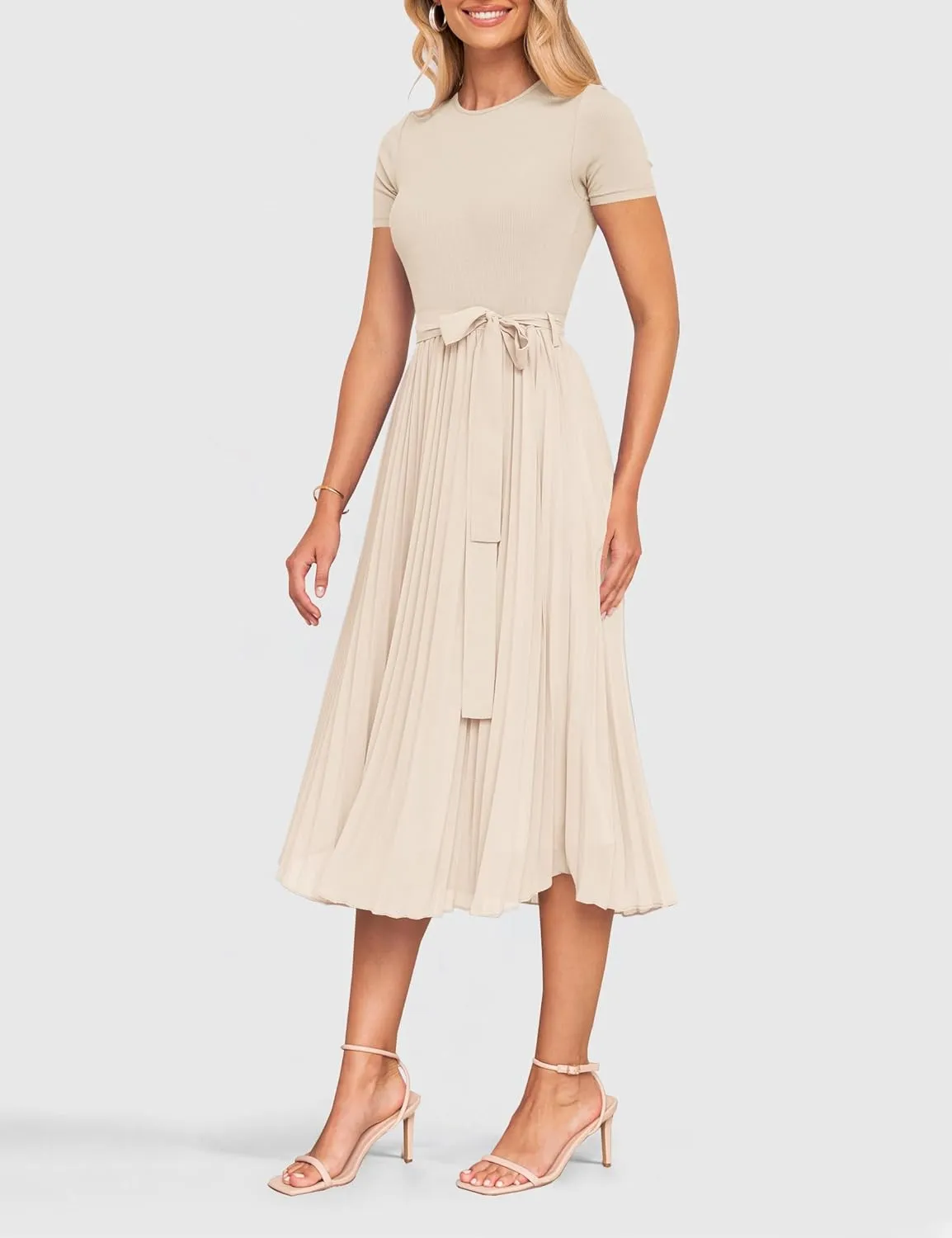 ZESICA Womens 2025 Summer Short Sleeve Midi Dresses Casual Crew Neck Knit Belted Pleated A Line Flowy Wedding Guest Dress