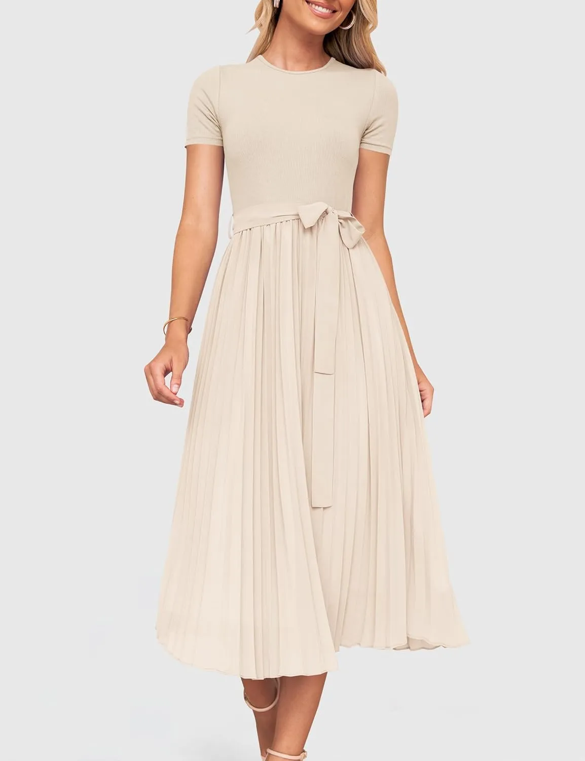 ZESICA Womens 2025 Summer Short Sleeve Midi Dresses Casual Crew Neck Knit Belted Pleated A Line Flowy Wedding Guest Dress