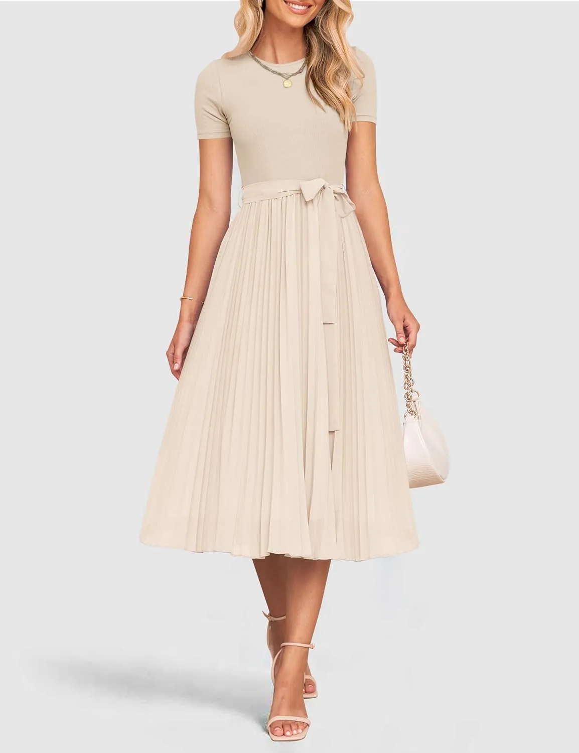 ZESICA Womens 2025 Summer Short Sleeve Midi Dresses Casual Crew Neck Knit Belted Pleated A Line Flowy Wedding Guest Dress