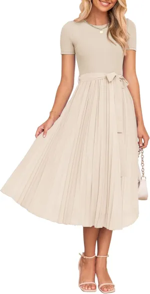 ZESICA Womens 2025 Summer Short Sleeve Midi Dresses Casual Crew Neck Knit Belted Pleated A Line Flowy Wedding Guest Dress