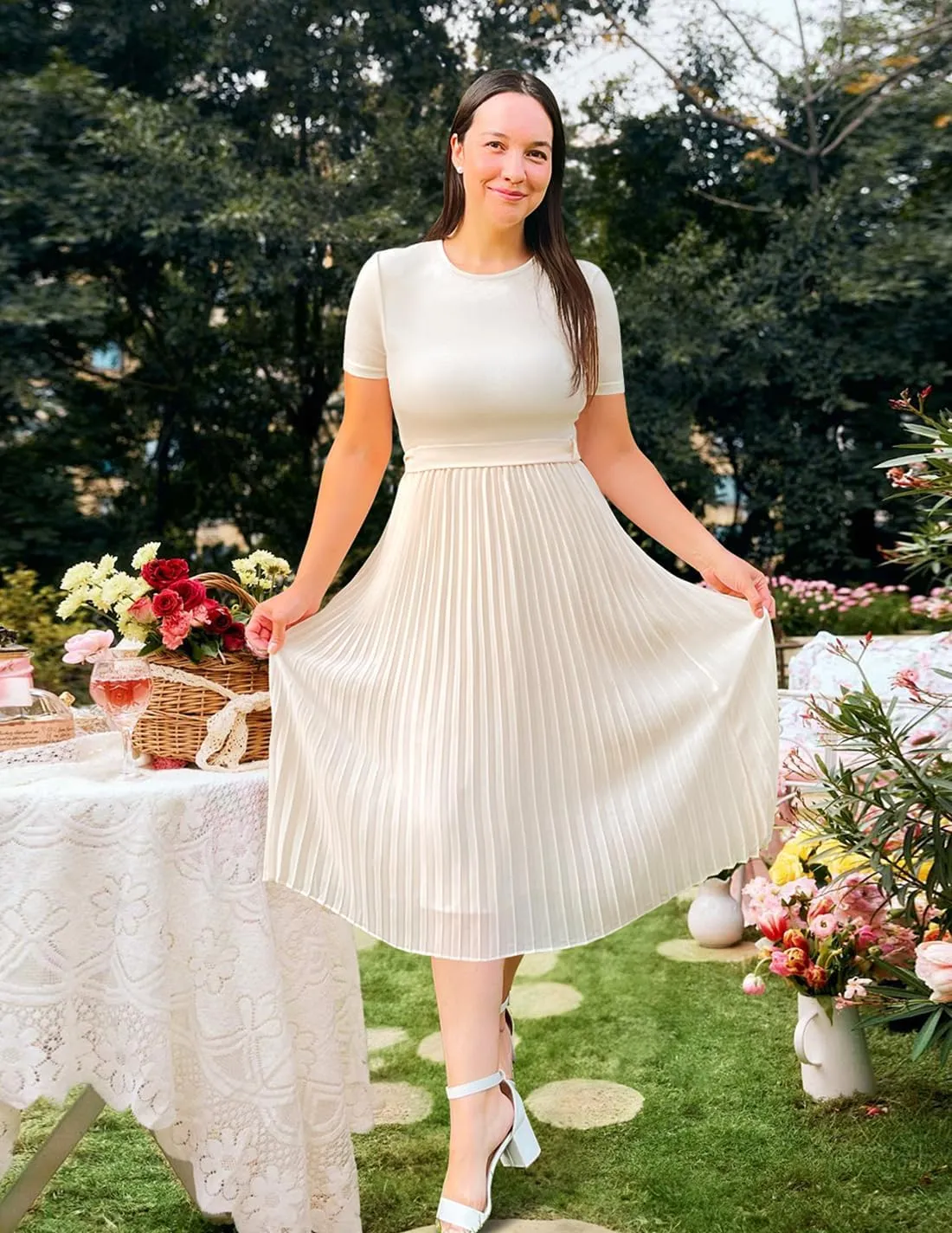 ZESICA Womens 2025 Summer Short Sleeve Midi Dresses Casual Crew Neck Knit Belted Pleated A Line Flowy Wedding Guest Dress