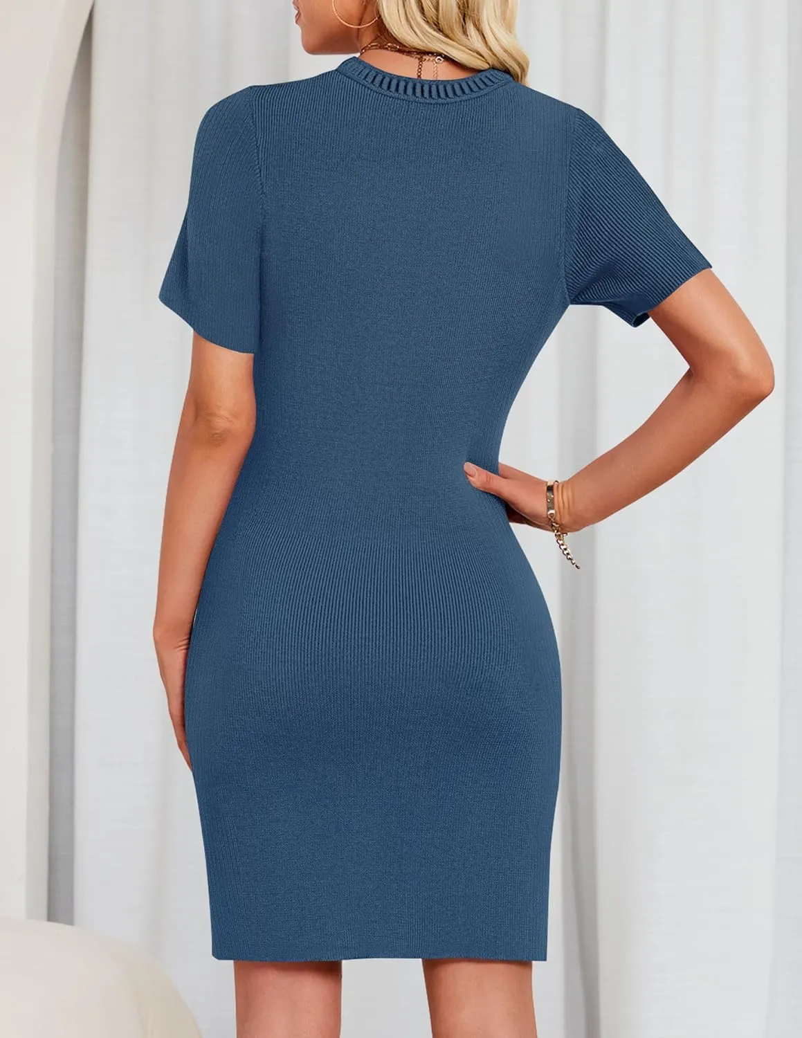 ZESICA Women's Summer Bodycon Mini Dress 2025 Short Sleeve Crewneck Ribbed Knit Slim Fit Casual Sweater Dresses