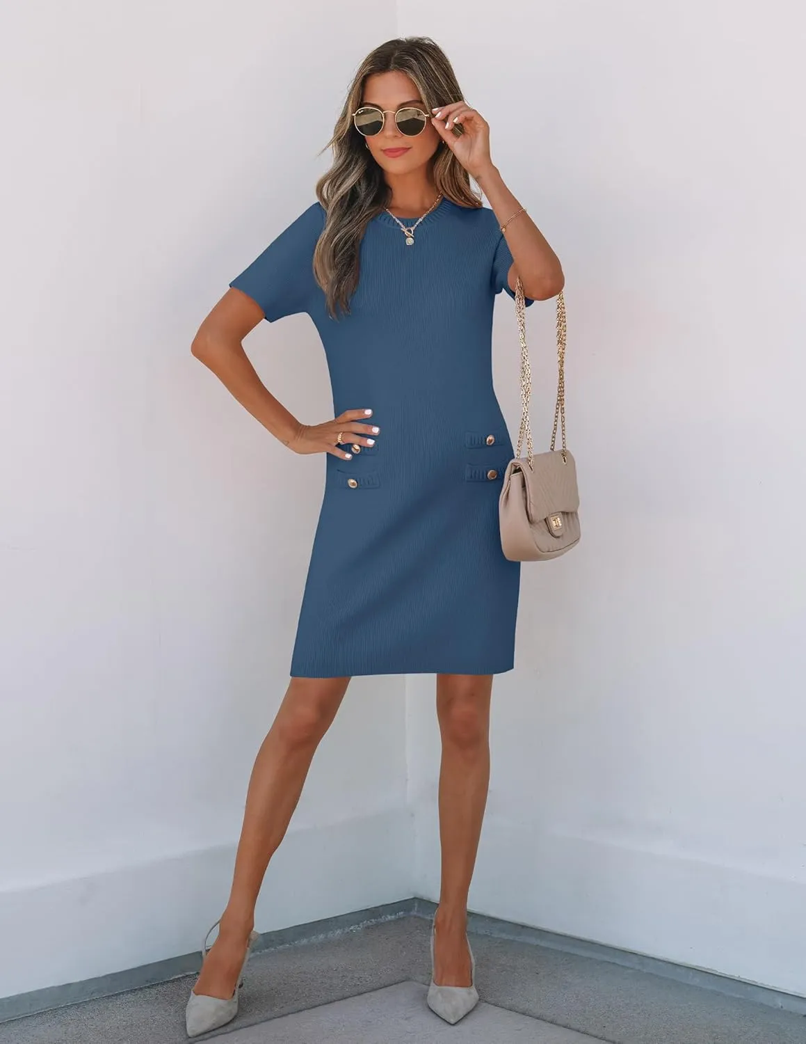 ZESICA Women's Summer Bodycon Mini Dress 2025 Short Sleeve Crewneck Ribbed Knit Slim Fit Casual Sweater Dresses