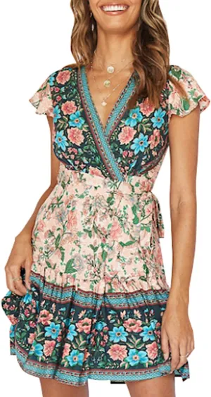ZESICA Women's Summer Wrap V Neck Bohemian Floral Print Ruffle Swing A Line Beach Mini Dress