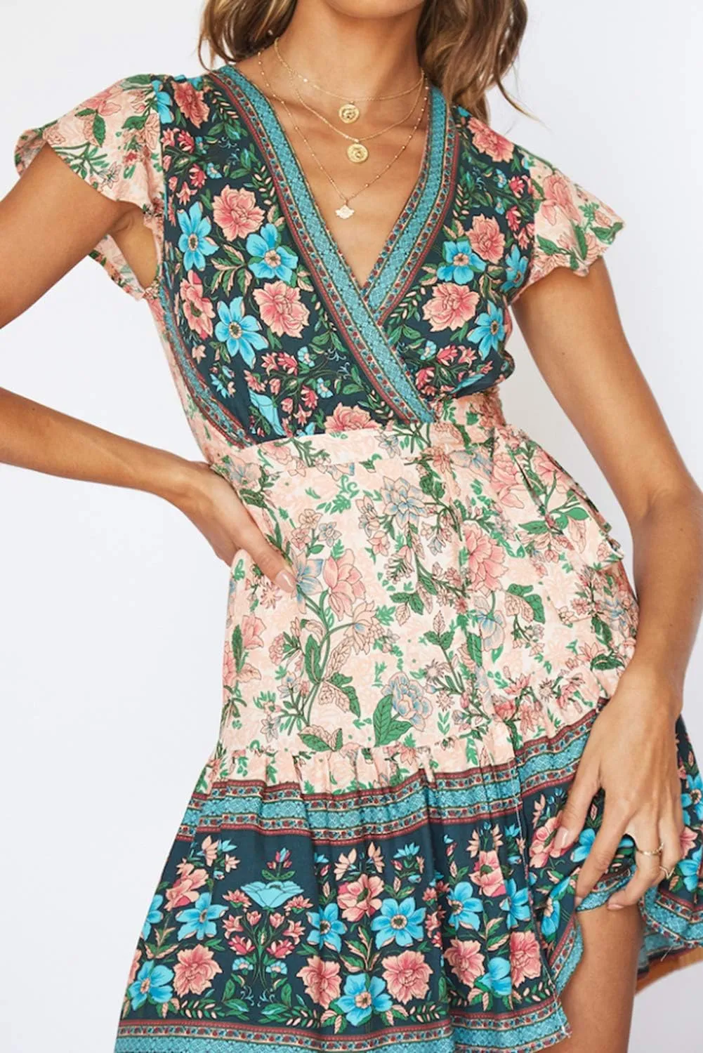 ZESICA Women's Summer Wrap V Neck Bohemian Floral Print Ruffle Swing A Line Beach Mini Dress
