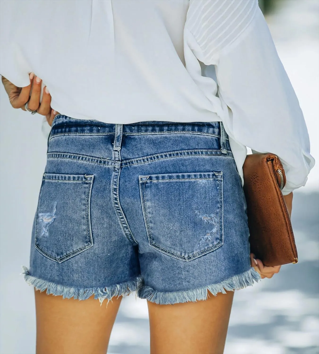 ZOLUCKY Women's Casual Summer Denim Shorts Mid Waisted Stretchy Ripped Jean Shorts with Pockets