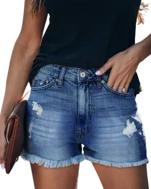 ZOLUCKY Women's Casual Summer Denim Shorts Mid Waisted Stretchy Ripped Jean Shorts with Pockets