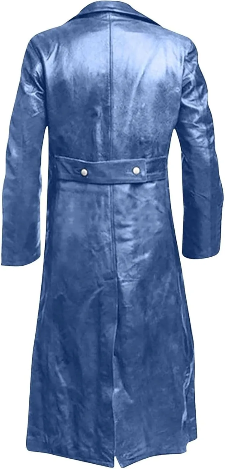 ZWRXW Leather Trench Coats for Men Double Breasted Notched Lapel Overcoats Vintage Slim Fit Long Sleeve Classic Jackets