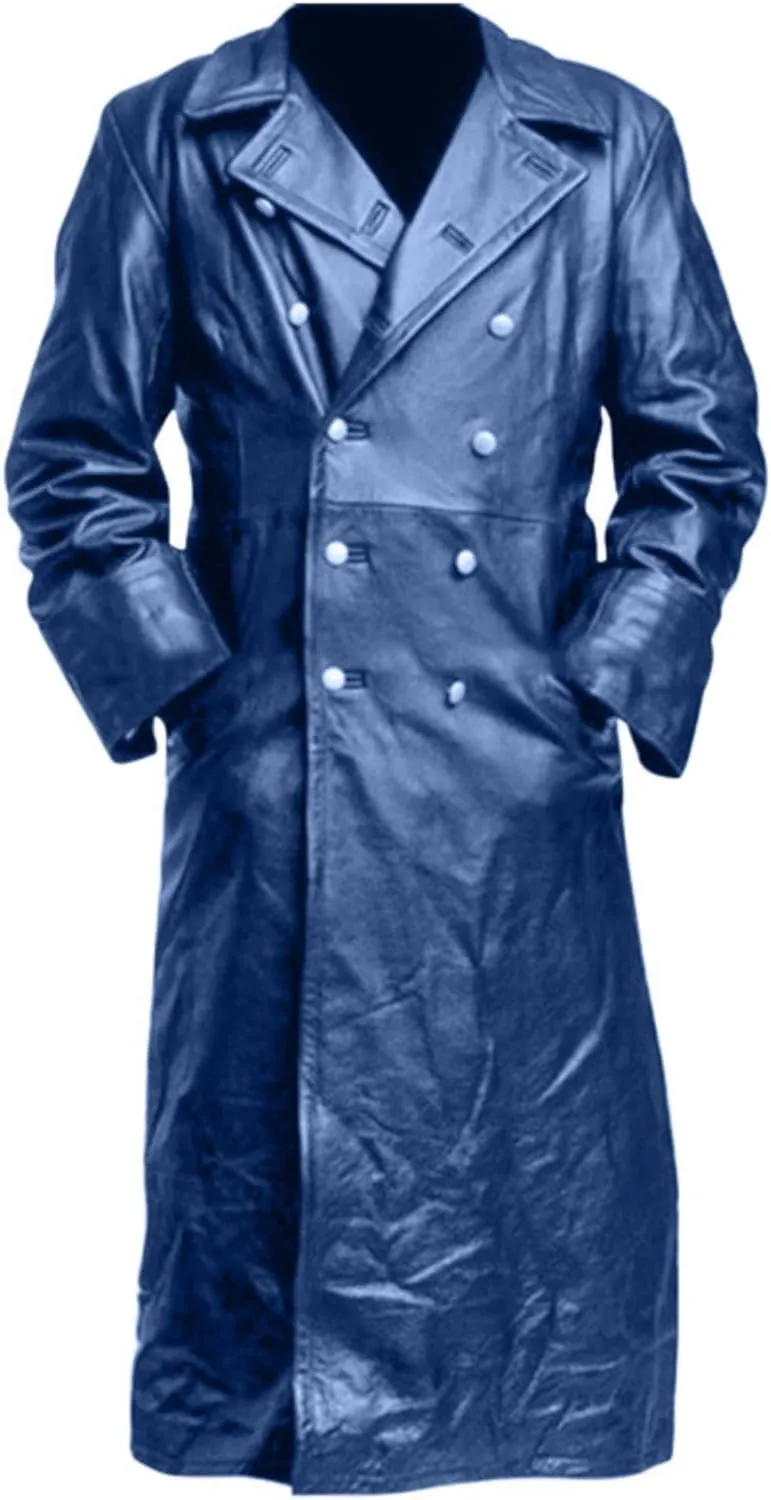ZWRXW Leather Trench Coats for Men Double Breasted Notched Lapel Overcoats Vintage Slim Fit Long Sleeve Classic Jackets