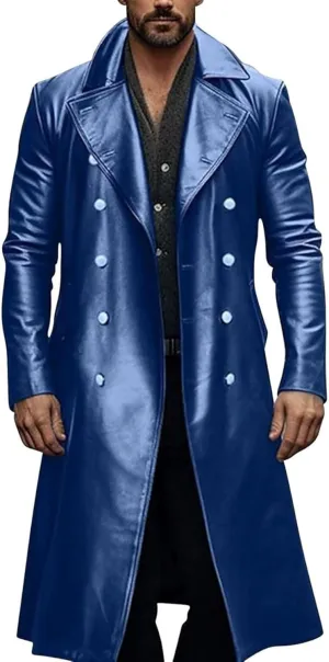 ZWRXW Leather Trench Coats for Men Double Breasted Notched Lapel Overcoats Vintage Slim Fit Long Sleeve Classic Jackets