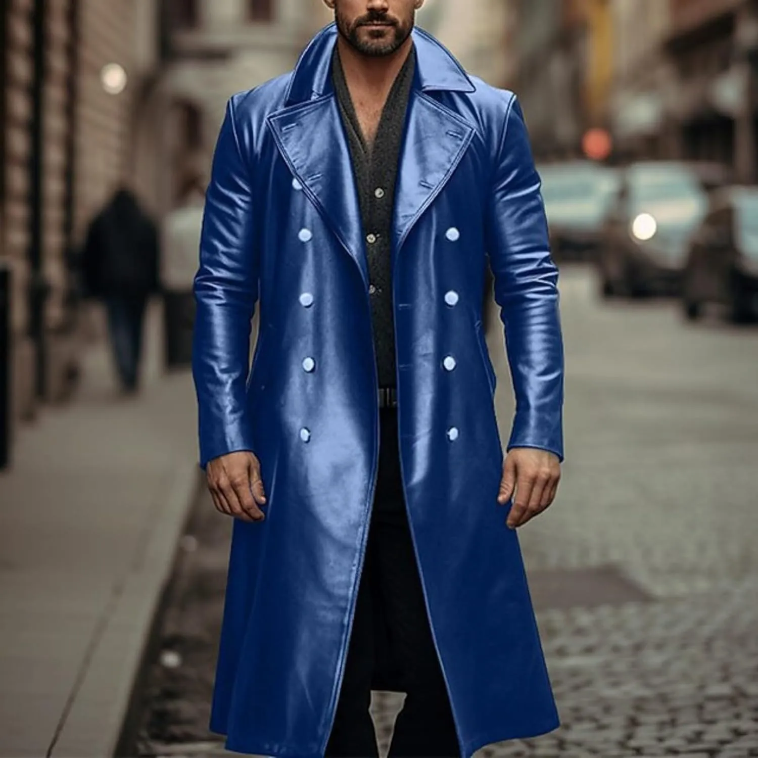 ZWRXW Leather Trench Coats for Men Double Breasted Notched Lapel Overcoats Vintage Slim Fit Long Sleeve Classic Jackets